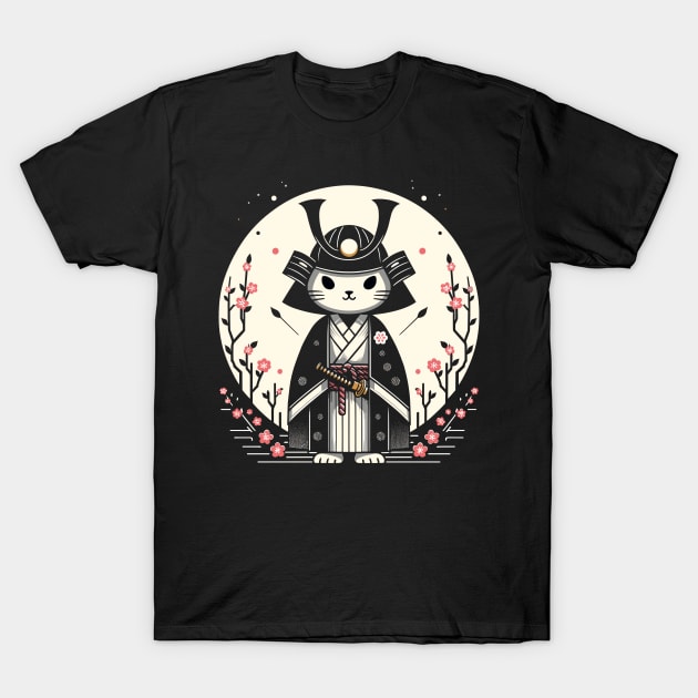 Kawaii Cat Anime Japanese Retro Samurai Novelty Funny Cat T-Shirt by KsuAnn